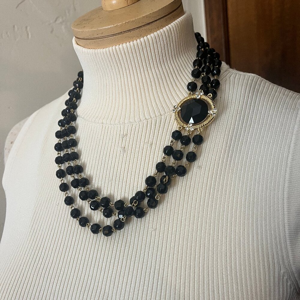 Black & Gold Multi Strand Statement Necklace with Rhinestone Side Pendant